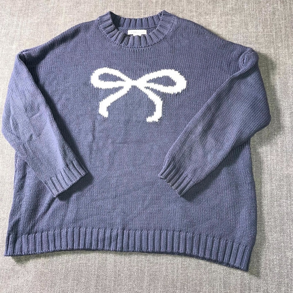 Sincerely Jules Sweater Womens Medium Blue Bow Oversized Fisherman Knit Ribbed